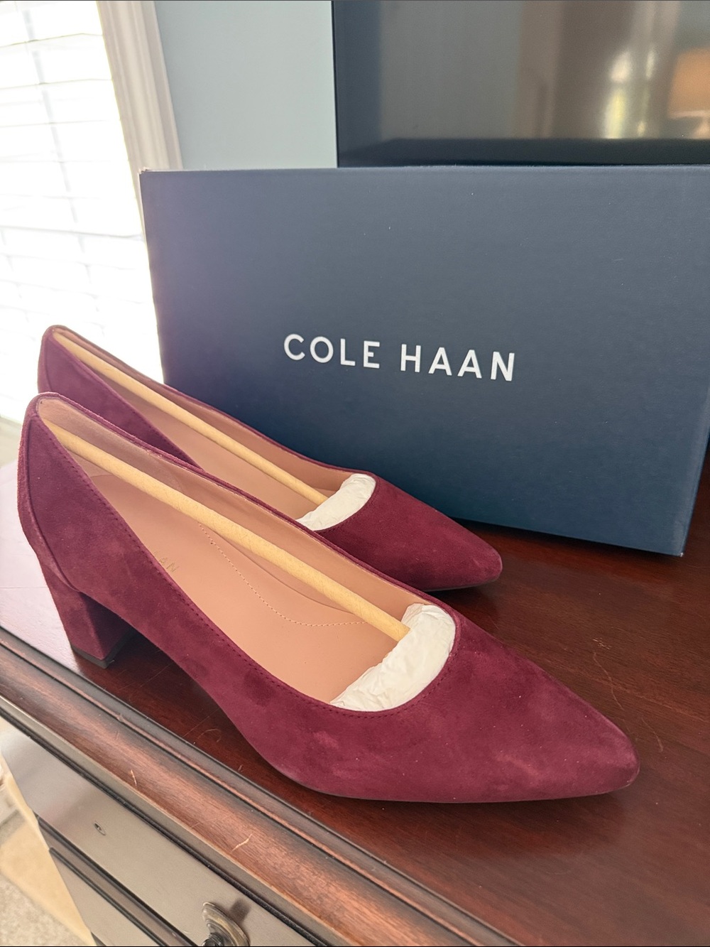 Cole Haan Burgundy Black Garnet Suede Pointed Toe Block Heel Pumps Size 9